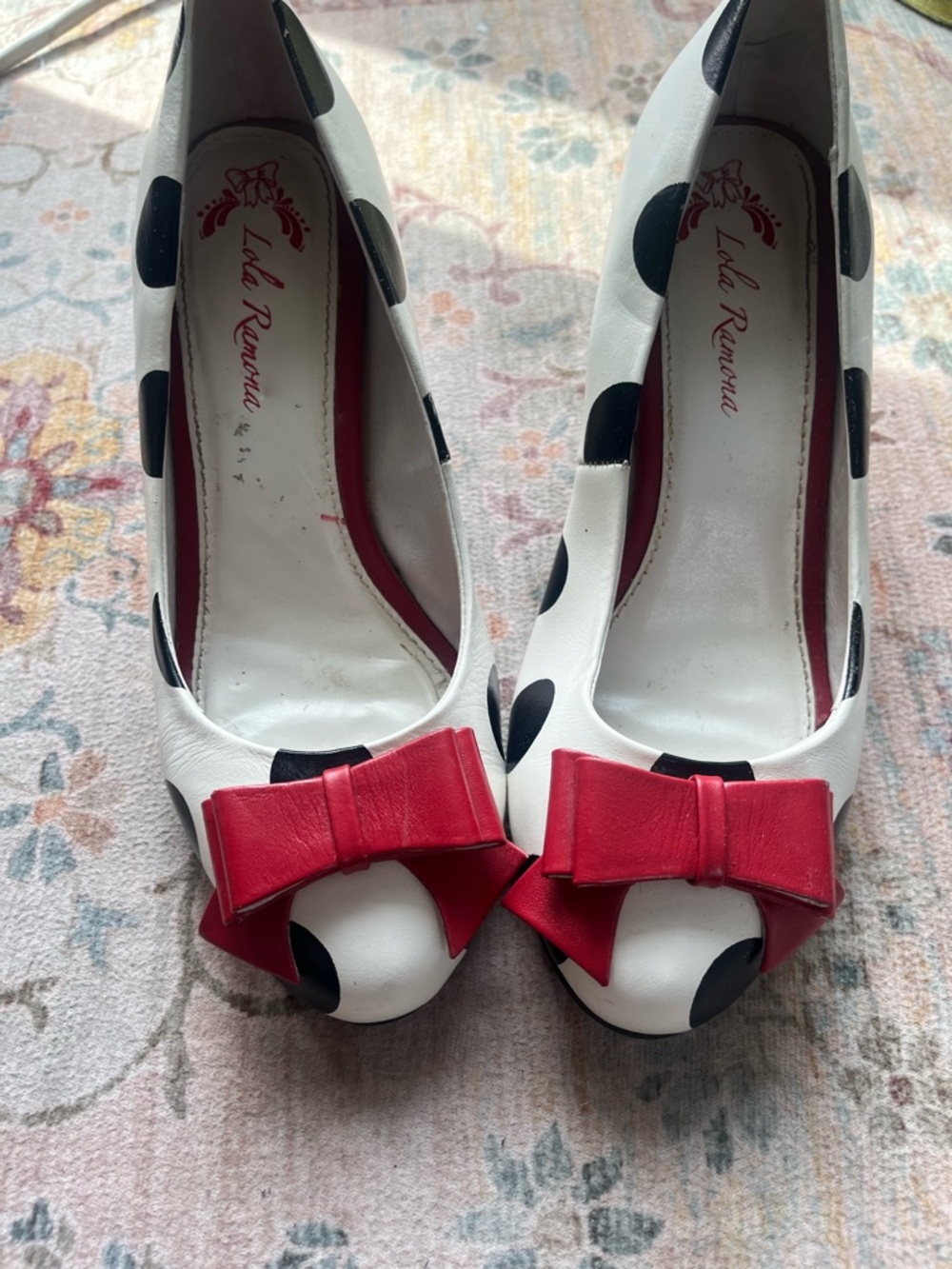 Lulu Ravarra White & Black Polka Dot Heels with Red Bow